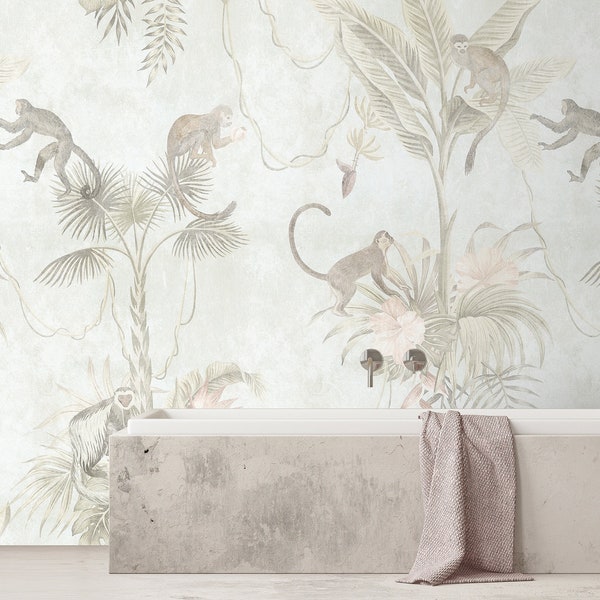 Palment wallpaper green beige brown | Mural Animals Nature Jungle | Bedroom, kitchen, hallway, office and living room wallpaper | 4.00mx2.70m