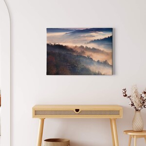 Canvas Picture Forest View | Fog | green | Morning sun | Canvas on stretcher frame | Artemiadi | Mural | Decorative picture | 70 cm x 50 cm