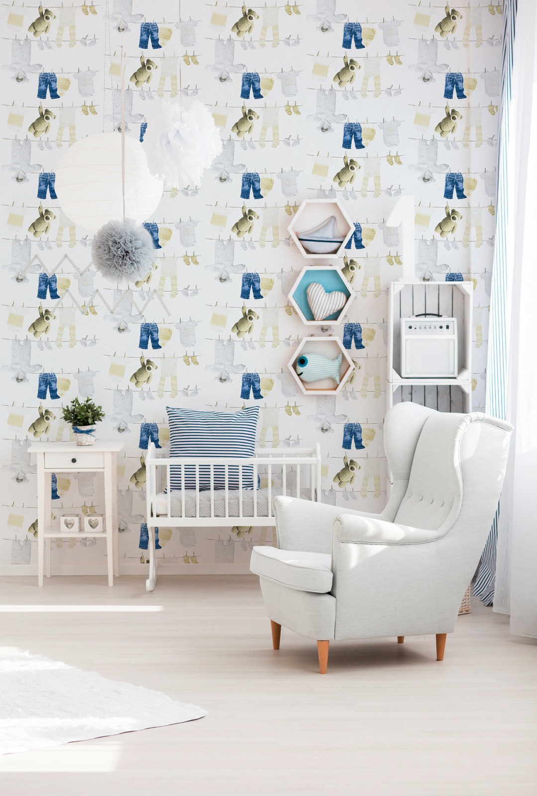 Baby Wallpaper in White and Blue Baby Room Non-woven Wallpaper With