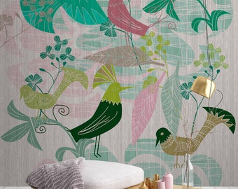 Mural green grey | abstract wallpaper | modern bird wallpaper animals | Bedroom, kitchen, hallway, office and living room wallpaper | 4.00mx2.70m