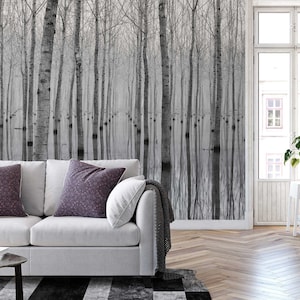 Photo wallpaper | Birch Forest in the Water | Forest wallpaper Black Grey White | Living room wallpaper birch forest nature lake bedroom