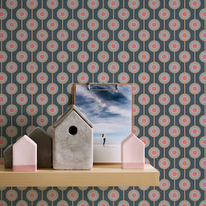 Carta da parati grafica blu, gialla, rosa | Carta da parati vintage con motivo retrò geometrico in tessuto non tessuto | Cucina Camera da letto Soggiorno Bagno | 8,50 x 0,53 m