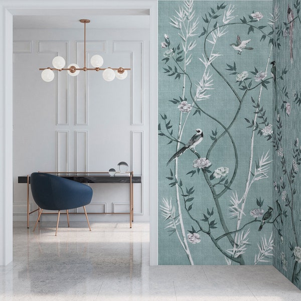 Mural bamboo blue green white | Forest wallpaper Nature Birds Animals | Bedroom, kitchen, hallway, office and living room wallpaper | 4.00mx2.70m