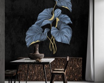 Jungle wallpaper black blue yellow | Photo wallpaper with palm leaves | Bedroom, kitchen, hallway, office and living room wallpaper | 2.00mx2.70m