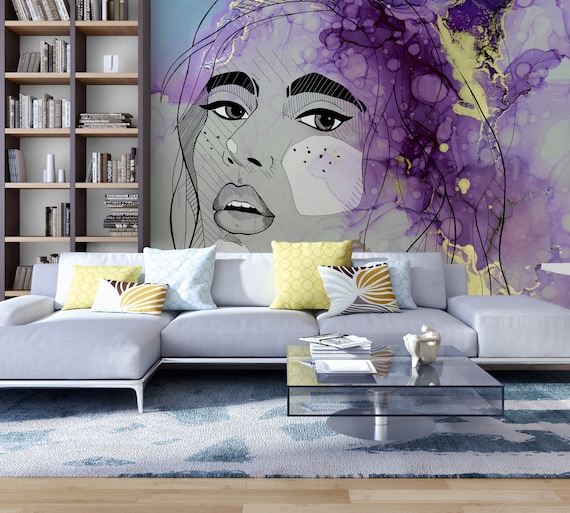 Mural Modern Purple Grey Yellow Wallpaper Modern Woman Face Bedroom,  Hallway, Office and Living Room Wallpaper 2.00 M X 2.70 M - Etsy Norway