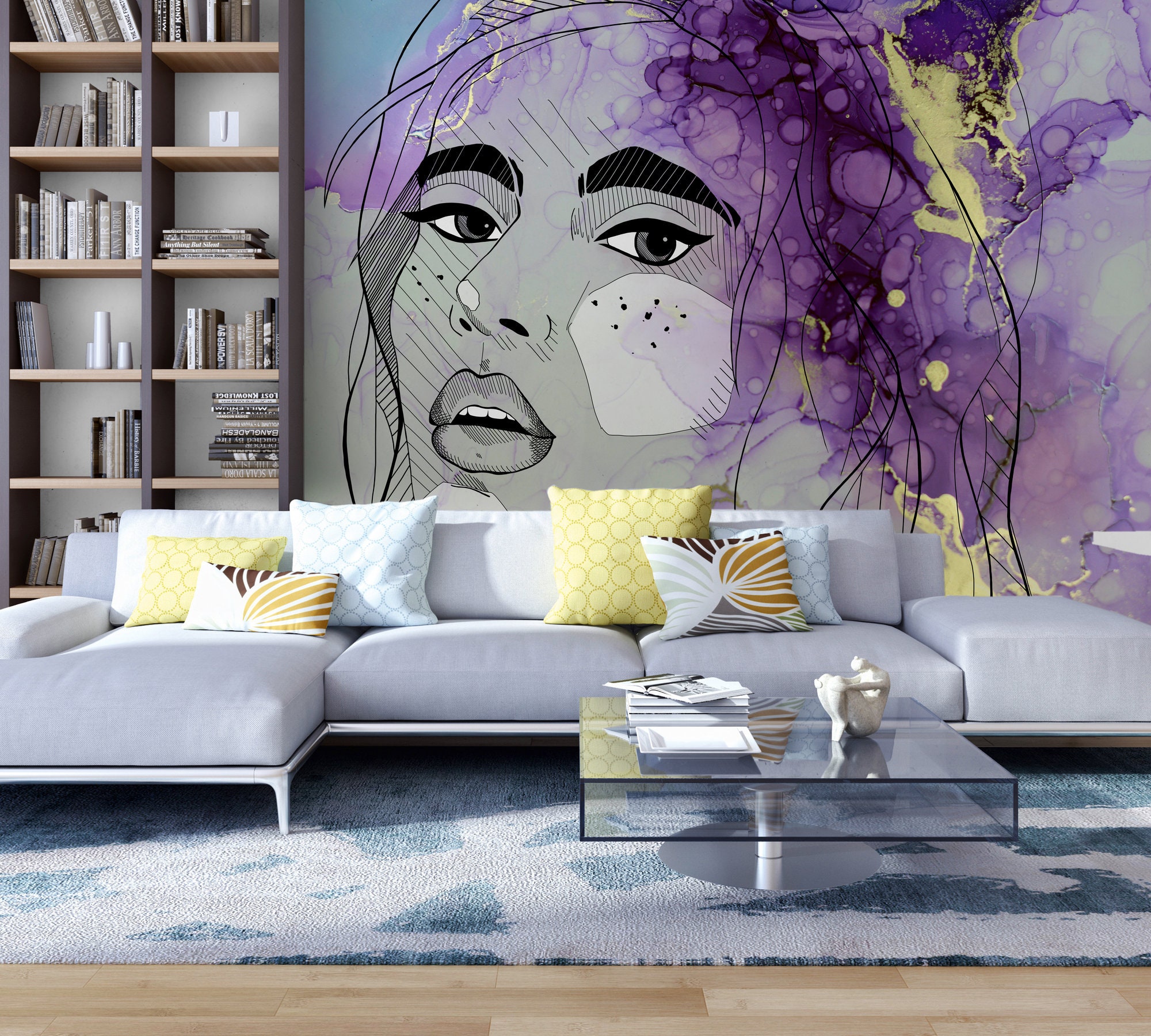 Mural Modern Purple Grey Yellow Wallpaper Modern Woman Face Bedroom,  Hallway, Office and Living Room Wallpaper 2.00 M X 2.70 M - Etsy Norway