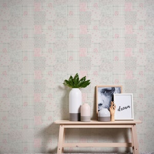 Papier peint à carreaux avec fleurs Gris | Papier peint moderne intissé blanc rouge | Fleuri papier peint à carreaux | 10.05 m x 0.53 m