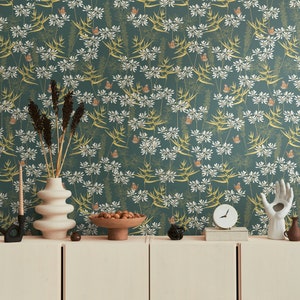 carta da parati fantasia con farfalle | Carta da parati floreale in tessuto non tessuto in petrolio e giallo | carta da parati soggiorno camera da letto cucina bagno | 10,05 mx 0,53 m
