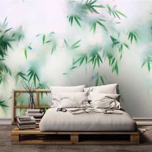 Bamboo mural green white beige | floral wallpaper with leaves | Bedroom, kitchen, hallway, office and living room wallpaper | 4.00mx2.70m