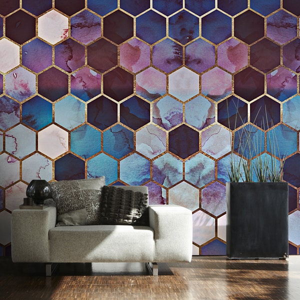 Mural with 3D Effect Purple Gold Blue | Wallpaper 3D Geometrically | Bedroom, hallway, office and living room wallpaper | 4.00 m x 2.70 m