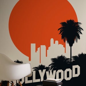 Mural with Skyline Orange Beige Black | Tapet Skyline Hollywood | Bedroom, hallway, office and living room wallpaper | 2.00 m x 2.70 m