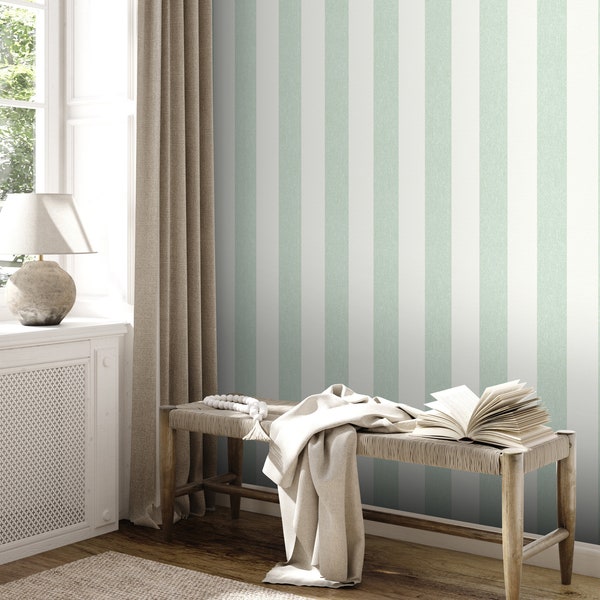 stripes non-woven wallpaper | striped wallpaper | Green | White | stripes | country house | Bedroom, hallway wallpaper | 10.05m x 0.53m