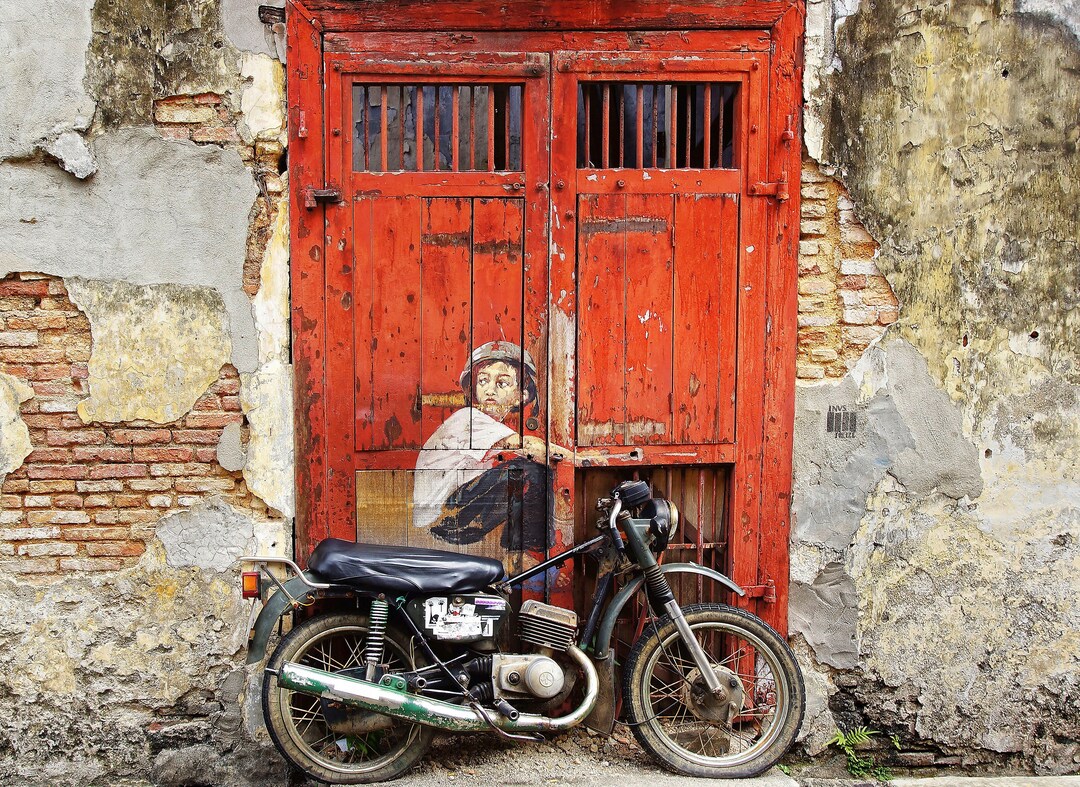 Photo Wallpaper Boy on Bike Brick Wall Wall Motorcycle Drawing Bedroom