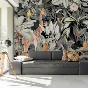 Mural with animals Green Grey Black | Wallpaper Jungle Palms Animals | Bedroom, hallway, office and living room wallpaper | 4.00 m x 2.70 m