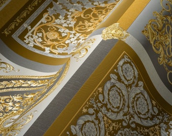 Papel tapiz a cuadros en oro plata | Papel pintado barroco a cuadros ornamentos grises | Papel pintado moderno no tejido sala de estar dormitorio cocina oficina | 10,05 m x 0,70 m