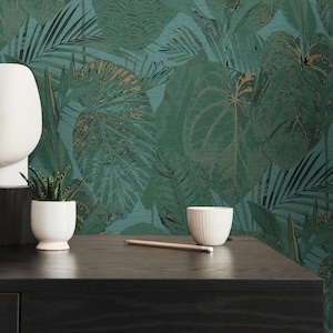 carta da parati giungla verde acqua verde oro | Carta da parati piante effetto metallico carta da parati non tessuta soggiorno camera da letto cucina bagno corridoio | 10,05 mx 0,53 m