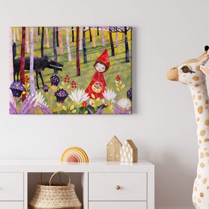 Canvas painting Little Red Riding Hood | Fairy tales | Forest | | for children red | Canvas on stretcher frame | Mural | Decorative picture | 70 cm x 50 cm