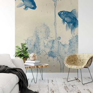 Photo wallpaper | Blue Fish | Wallpaper with animals Blue cream | Living room wallpaper bedroom | 1.92 m x 2.6 m | Fish Marine animals