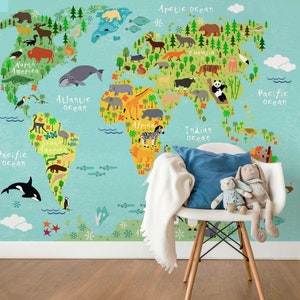 Papier peint photo | Kids World Map Animals | Carte du monde Chambre d’enfant Chambre bébé Chambre fille Chambre garçons papier peint avec des animaux | 3,84 m x 2,6 m
