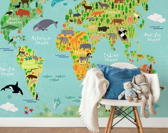 Photo wallpaper | Kids World Map Animals | World Map Nursery Baby Room Girl Room Boys Room Wallpaper with Animals | 3.84 m x 2.6 m