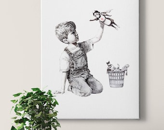 Canvas Banksy Real Hero | playing boy with true heroes | Canvas on stretcher frame | Mural | Decorative picture | 50 cm x 70 cm