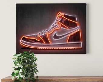 Leinwandbild Nike Jordan 1 Sneaker LED Optik Bild | Markenschuh | Neon-Optik | Leinwand auf Keilrahmen | Wandbild | Dekobild | 70 cm x 50 cm