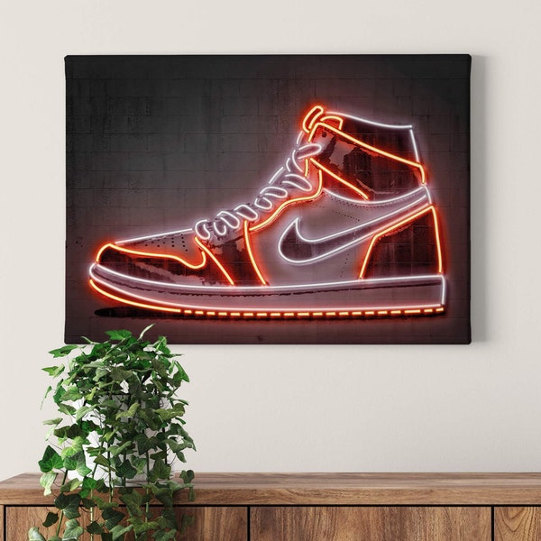 Leinwandbild Nike Jordan 1 Sneaker LED Optik Bild | Markenschuh | Neon-Optik | Leinwand auf Keilrahmen | Wandbild | Dekobild | 70 cm x 50 cm
