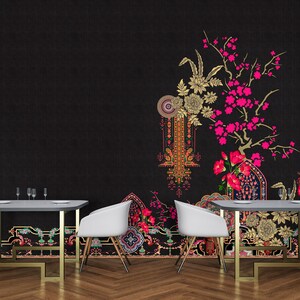 Mural oriental black pink | Floral wallpaper | Bedroom, kitchen, hallway, office and living room wallpaper | 4.00 m x 2.70 m