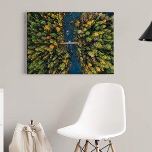 Canvas Painting River | Autumn Forest | blue | green | Canvas on stretcher frame | Autumn Finland | Mural | Decorative picture | 70 cm x 50 cm