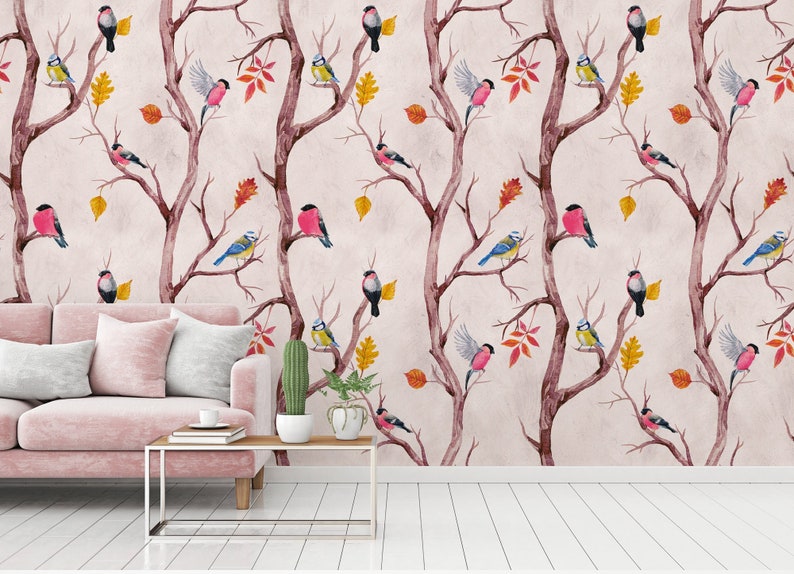 Tapete Vögel mit Blättern Rosa Braun Wald Tapete Zweige Vliestapete Vögel Äste Natur Florale Blumen Fototapete Tiere 2.80m x 1.59m Bild 1