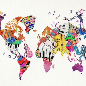 Fototapete | World of Music | Weltkarte aus Instrumenten und Notenschlüsseln | Schlafzimmer-,Wohnzimmer-,Flurtapete | 3,50 m x 2,55 m