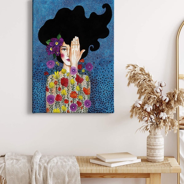 Leinwandbild Flower Girl | Mädchen mit Blüten | Hintergrund blau | bunt | Leinwand auf Keilrahmen | Wandbild | Dekobild | 50 cm x 70 cm