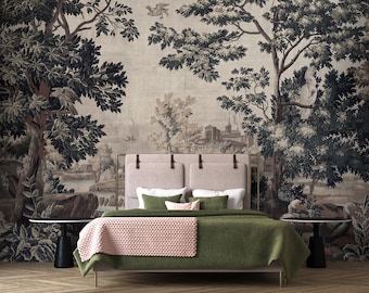 Natural wallpaper blue brown beige | Mural Tree Landscape Vintage Forest | Bedroom, kitchen, hallway, office and living room wallpaper | 4.00mx2.70m