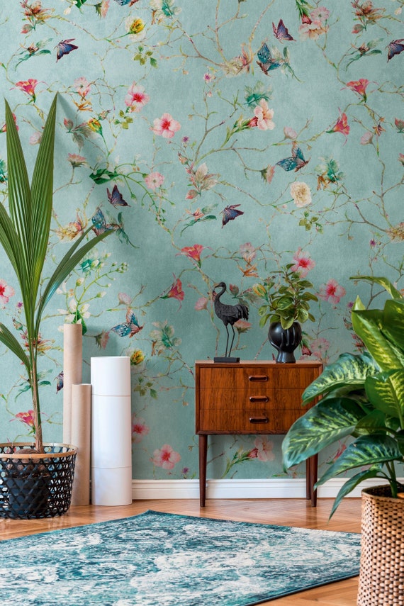 Floral Wallpaper Turquoise Non-woven Wallpaper Green - Etsy UK Floral Wallpaper Turquoise Non-woven Wallpaper Green - Etsy UK