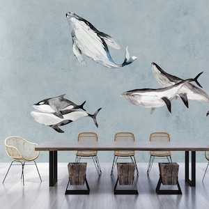 Mural sea blue white black | Wallpaper underwater with animals | Bedroom, kitchen, hallway, office and living room wallpaper | 5.00mx2.70m