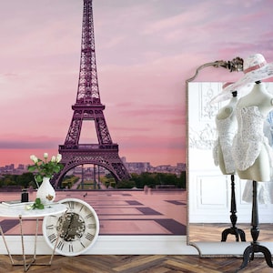 Photo wallpaper | Eiffel Tower at Sunset | Eiffel Tower Paris Pink Pink | Bedroom wallpaper Living room wallpaper Modern