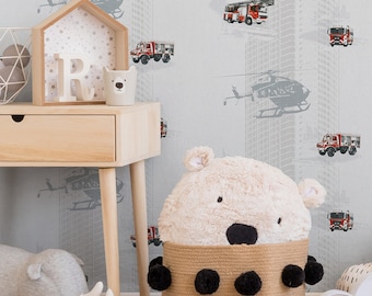 Grey wallpaper for boys | Fire brigade wallpaper with helicopter ideal for children's room | Non-woven boy wallpaper with fire trucks