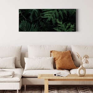 Canvas Jungle Leaf | Nature | Green Black | Canvas on stretcher frame | Mural Plants | Decorative picture | 40 cm x 100 cm