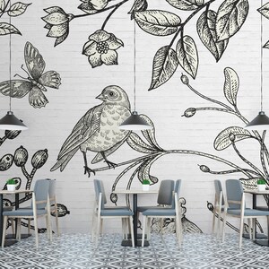 Flowers photo wallpaper grey black white | Birdy 2 | Living room wallpaper stone look | Mural with flowers and birds