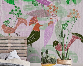 Animals Mural Green Purple | abstract wallpaper | modern bird wallpaper | Bedroom, kitchen, hallway, office and living room wallpaper | 4.00mx2.70m