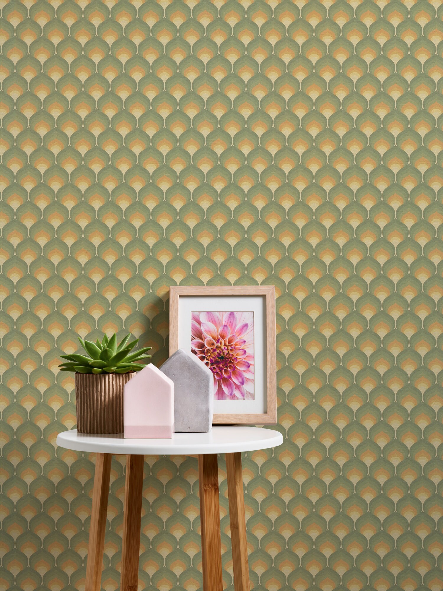 Graphic wallpaper in green, yellow, brown | vintage wallpaper retro geometric | wallpaper kitchen bedroom living room bath | 8,50 m x 0,53 m