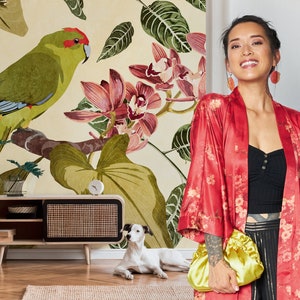 Jungle wallpaper with birds | Wallpaper jungle animals floral | Non-woven wallpaper Birds Green | Floral wallpaper nature with leaves | 3.71 m x 2.80 m