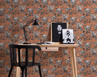 Naturtapete orange grau schwarz | Dschungeltapete mit Affen | Schlafzimmer-, Küchen-, Flur-, Büro- und Wohnzimmertapete | 10,05mx0,53m