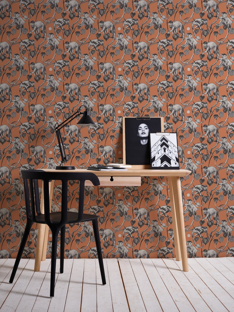 Natural wallpaper orange grey black Jungle wallpaper with monkeys Bedroom, kitchen, hallway, office and living room wallpaper 10.05mx0.53m image 1