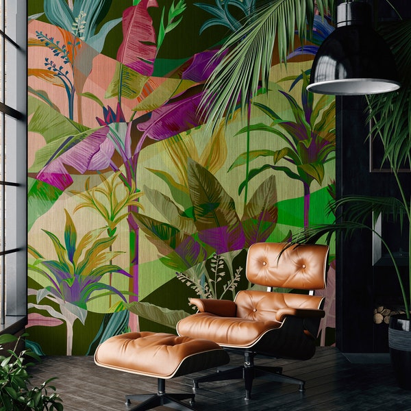 Mural Jungle green purple pink | Palment wallpaper | Rainforest | Bedroom, kitchen, hallway, office and living room wallpaper | 4.00 m x 2.70 m