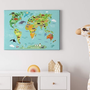 Leinwandbild Weltkarte | mit Tieren | Für Kinder | hellblau | Leinwand auf Keilrahmen | Wandbild | Dekobild | 70 cm x 50 cm