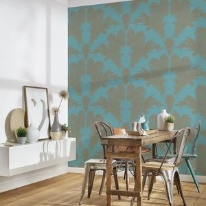 Turquoise wallpaper in Art Nouveau | Art Nouveau non-woven wallpaper in light blue and beige | Dining room and bedroom wall mural with fern design