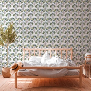 Jungle Wallpaper Green White | Palmentapete White | Retro wallpaper blue | Bedroom- living room wallpaper | 10.05 m x 0.53 m