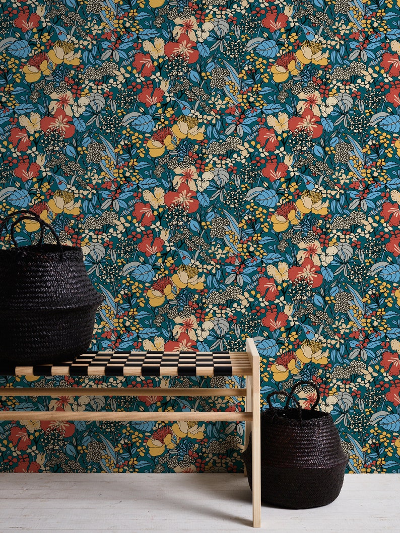 Retro wallpaper with colorful flowers Petrol non-woven wallpaper with floral pattern in 60s and 70s style Living room Nostalgia floral wallpaper image 4