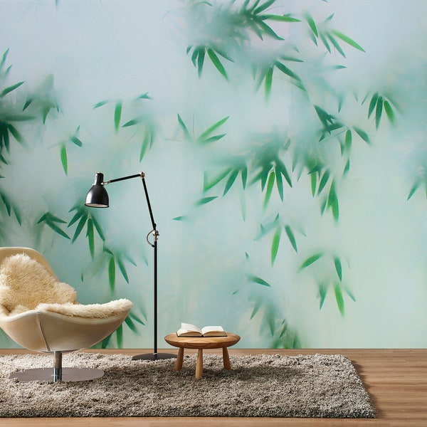 Bamboo mural green blue | floral wallpaper with leaves in the mist | Bedroom, kitchen, hallway, office and living room wallpaper | 4.00mx2.70m